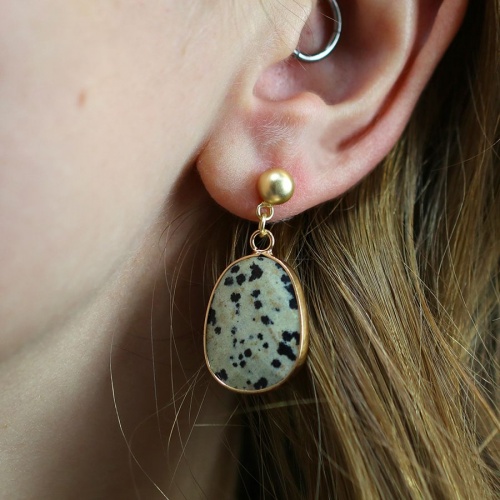 Golden Drop Earrings with Dalmatian Jasper Stone by Peace of Mind